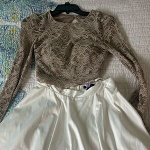 Two piece homecoming dress. Top is gold lace, bottom is white skirt, both size 3